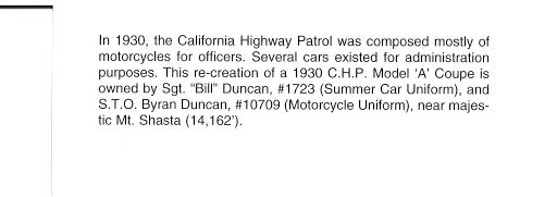 POSTCARD- CALIFORNIA HIGHWAY PATROL - 1930 MODEL A FORD- 6" x 4"