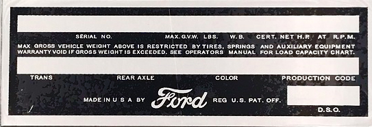RATING (VIN) PLATE- 1953-56  F100 BLANK - NOT STAMPED