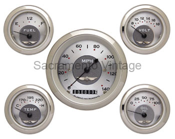 [13034] ALL AMERICAN GAUGE SET (5) CURVED LENS/STAINLESS/SILVER/GM SENDERS   