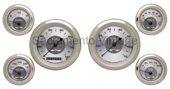 [13034-6] ALL AMERICAN GAUGE SET (6) CURVED LENS/STAINLESS/SILVER/GM SENDERS   