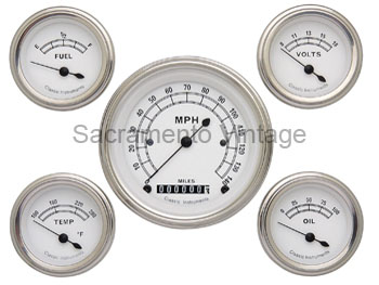 [13029] CLASSIC WHITE GAUGE SET (5) STAINLESS/WHITE WITH GM SENDERS