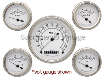 [13029-A] CLASSIC WHITE GAUGE SET (5) W/AMP STAINLESS/WHITE WITH GM SENDERS
