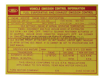 [09352-37] DECAL-EMISSION 400 2V A/T 1974