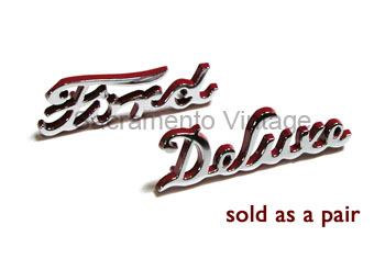[06252-0] FORD & DELUXE HOOD SCRIPTS 1940 DLX WITH RED EDGES - 4 SCRIPTS