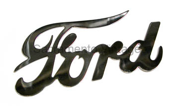 [03641] FORD RADIATOR SCRIPT- FLAT / POLISHED STAINLESS STEEL 1917-27 (3.5" x 8" )