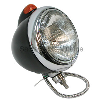 [13200-12] GUIDE STYLE HEADLAMP SEALED BEAM GLOSS BLACK,CHROME RIM, AMBER LENS