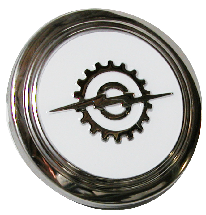 [08009] HORN BUTTON 1953-60 STAINLESS AND WHITE WITH LIGHTNING BOLT