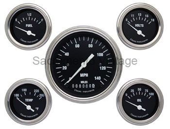 [13039-F] HOT ROD GAUGE SET (5) STAINLESS/ BLACK WITH FORD SENDERS