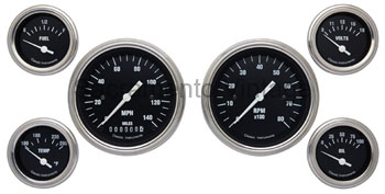 [13039-6] HOT ROD GAUGE SET (6) STAINLESS/ BLACK WITH GM SENDERS