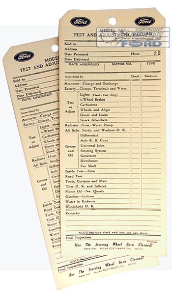 [09159-10] MODEL A ADJUSTMENT/TEST TAGS PACK OF 10