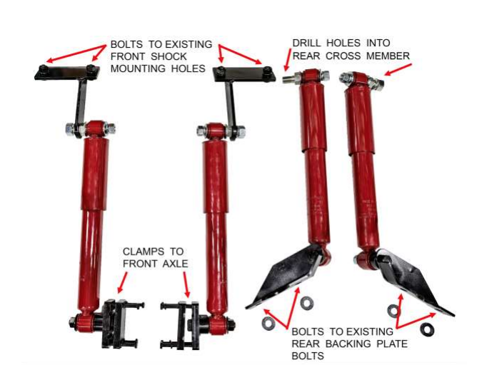 [01149-2] MODERN TUBULAR SHOCK KIT- FRONT & REAR 1928-31 - CLAMPS TO FRONT AXLE / REAR DRUM REMOVAL / DRILL CROSSMEMBER