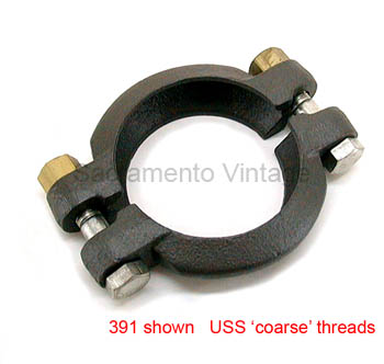 [00391-00] MUFFLER TO MANIFOLD CLAMP 1929-31 DUCTILE IRON WITH COARSE BRASS NUTS