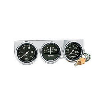 [AM2395] PANEL CHROME & 3 BLACK GAUGES (M) OIL/AMPS/WATER F/S 2 5/8 AUTO GAGE