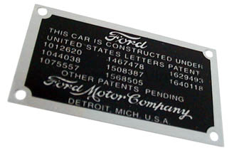 [00662-0] PATENT DATA PLATE- l928-31 -ZINC- SHOW QUALITY WITH SPLIT RIVETS