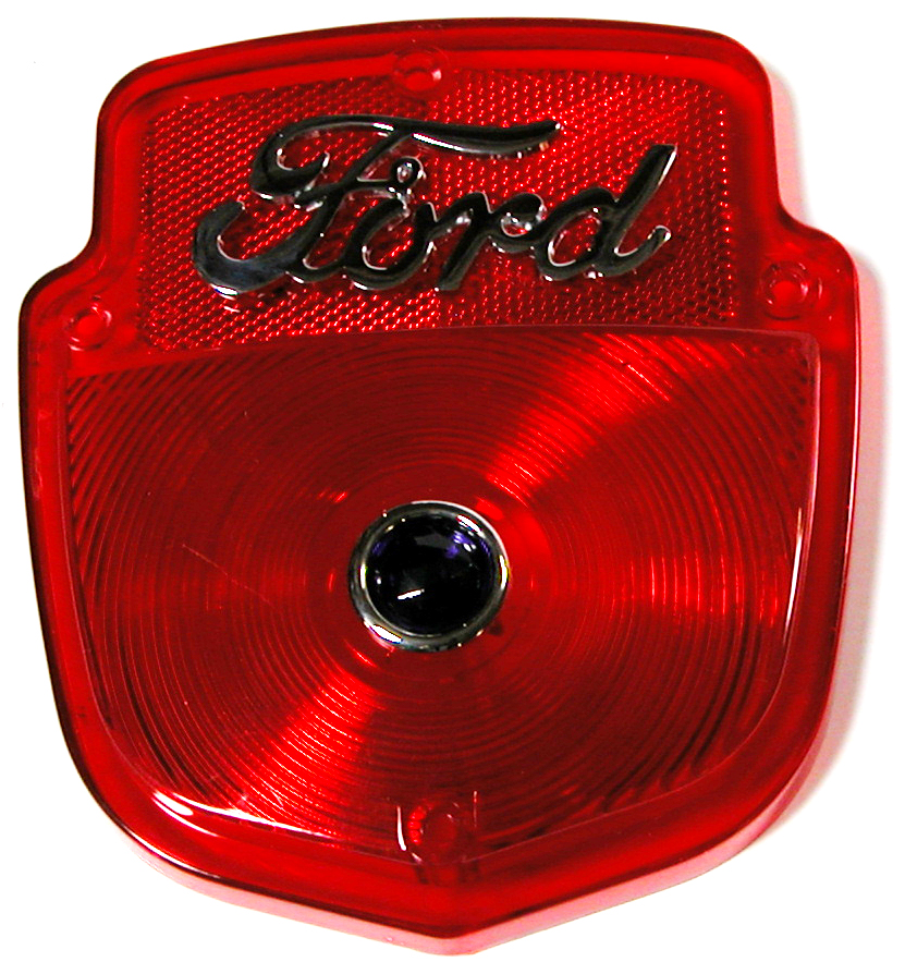 [07975-4] TAIL LIGHT LENS W/ CHROME FORD SCRIPT AND BLUE DOT 1955-56 SHIELD STYLE