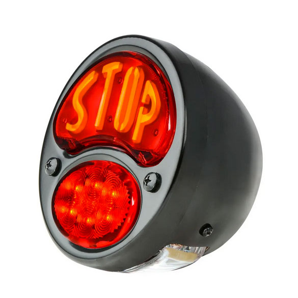 [00725-0] TAIL LAMP- LEFT / ALL BLACK / WITH S-T-O-P & LICENSE LENS / 12V INCANDESCENT / 1928-31