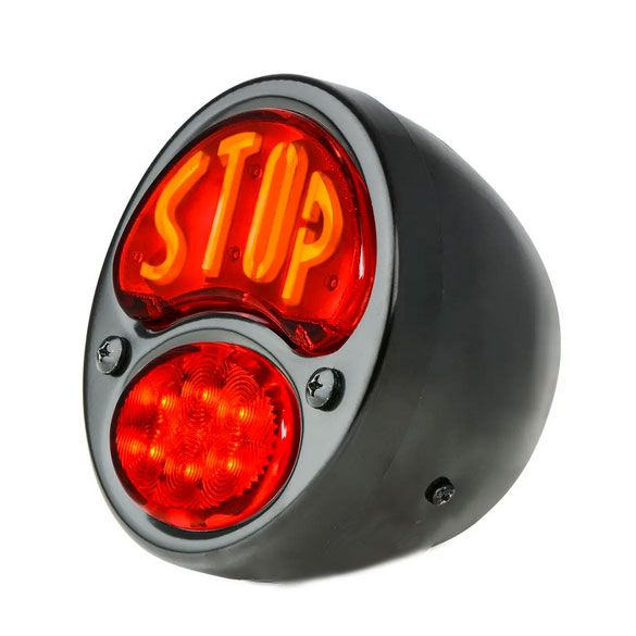 [00725-00] TAIL LAMP- RIGHT / ALL BLACK / WITH S-T-O-P LENS / 12 VOLT INCANDESCENT / 1928-31