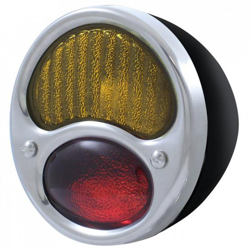 [00725-3-2] TAIL LAMP- RIGHT / BLACK W/ STAINLESS RIM, RED -AMBER LENS / 12 VOLT INCANDESCENT/ 1928-31