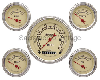 [13027-F] VINTAGE GAUGE SET (5) STAINLESS/TAN FORD SENDERS