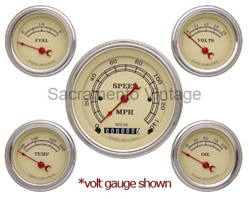 [13027-A-F] VINTAGE GAUGE SET (5) WITH AMP STAINLESS/TAN WITH FORD SENDERS
