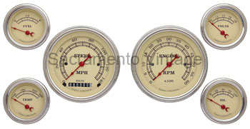 [13027-6-F] VINTAGE GAUGE SET (6) STAINLESS/TAN FORD SENDERS