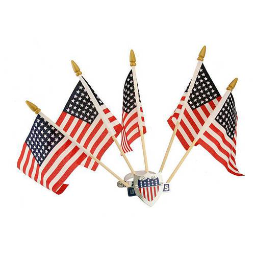 [03638] FLAG HOLDER- CHROME  WITH SHIELD AND 5 USA FLAGS  1917-27