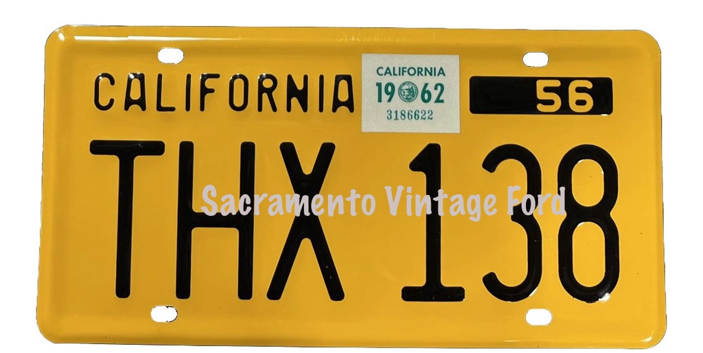 [09710-THX-PLATE] LICENSE PLATE- THX 138 - EMBOSSED METAL W/ 1962 TAG/STICKER
